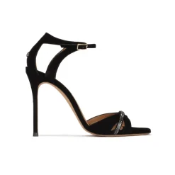 Anique Sandalias de tacón alto fino en ante negro con strass