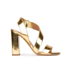 Aquira Sandalias de tacón alto ancho en piel efecto espejo color oro