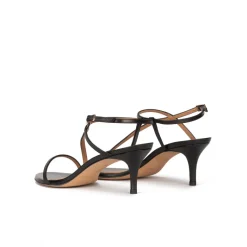 Laquenda Sandalias negras de piel con tacón medio y diseño de tiras