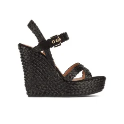 Olivia Sandalias de cuña alta en rafia color negro con hebilla lateral