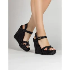Olivia Sandalias de cuña alta en rafia color negro con hebilla lateral