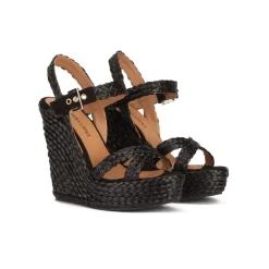 Olivia Sandalias de cuña alta en rafia color negro con hebilla lateral