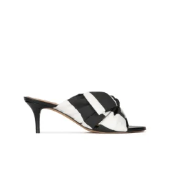 Orquidea Mules de tacón medio en blanco y negro con lazo en tejido