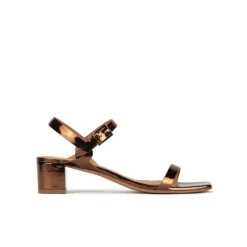 Queralt Sandalias de tacón medio ancho en piel metalizada bronce