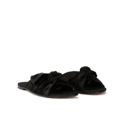 Quetty Sandalias planas de raso negro con detalle de lazo