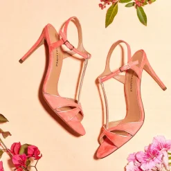 Turquesa Sandalias con tira en T de tacón alto en ante rosa coral