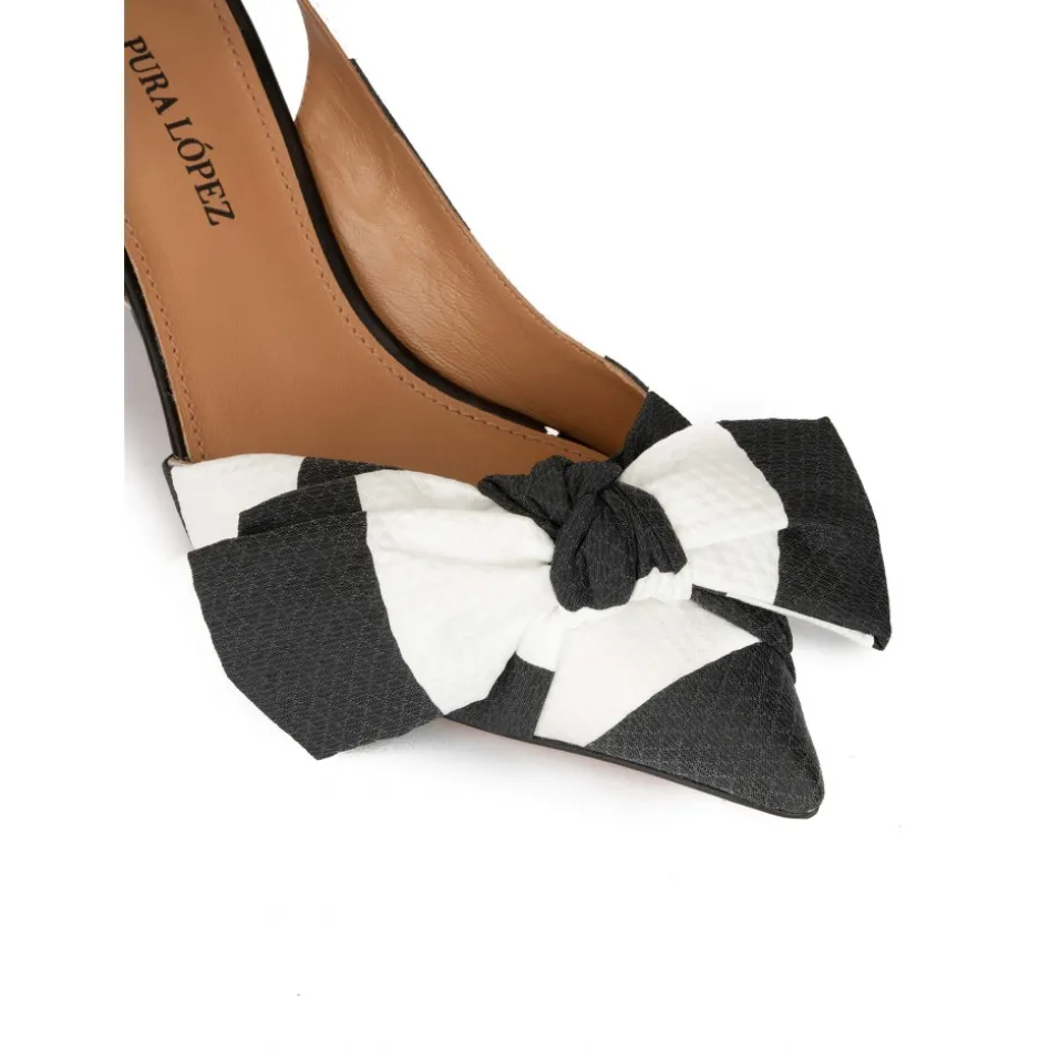 Veronique Zapatos de punta fina y tacón medio en blanco y negro con lazo