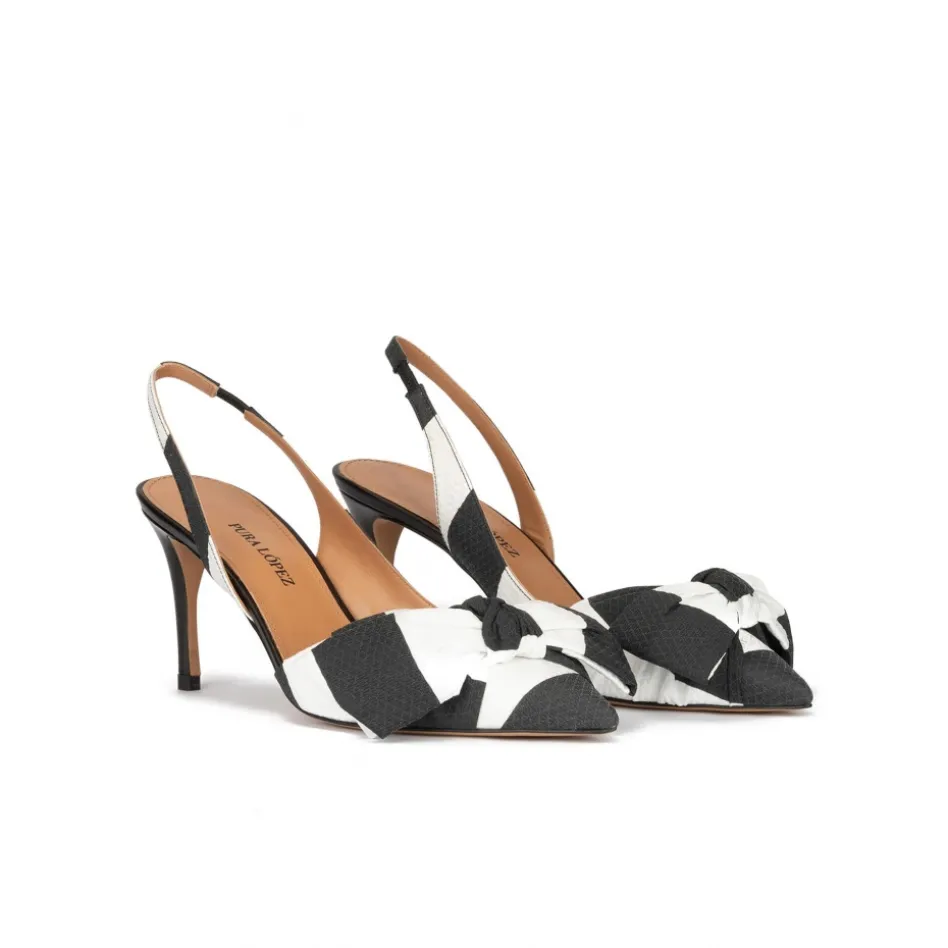 Veronique Zapatos de punta fina y tacón medio en blanco y negro con lazo